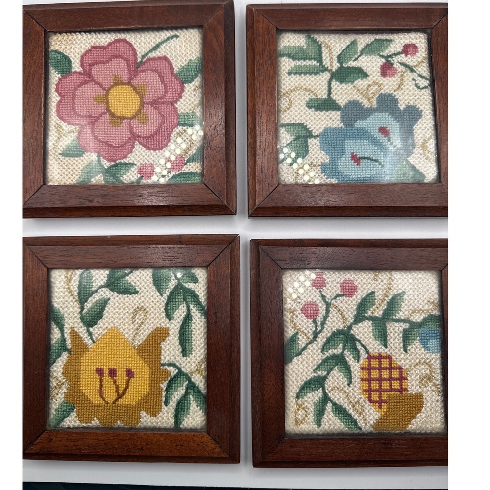 Vintage Floral Needlepoint Framed Wall Art Set of 4 Gold Metallic Thread Wood